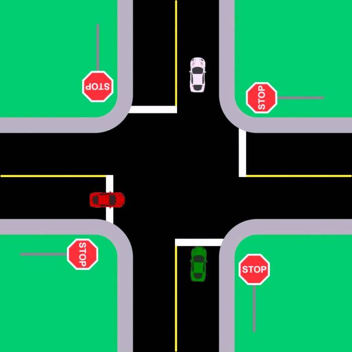 Right way stop four vehicle test question intersection has permit red intersections must green located