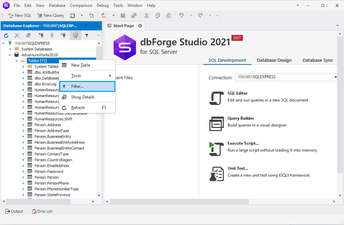 Filter ssms database objects databases explorer settings hover object select following right click